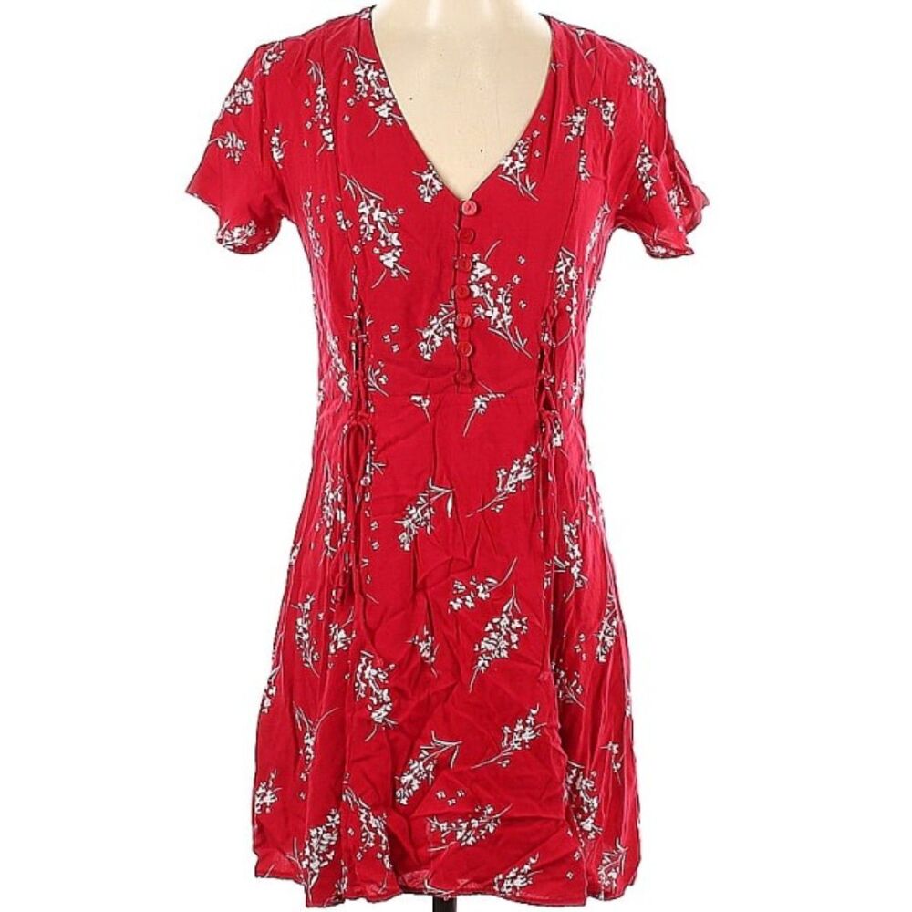 Lottie Moss Red Floral Print 100% Rayon Body Lace Up Short Sleeve Mini Dress XS